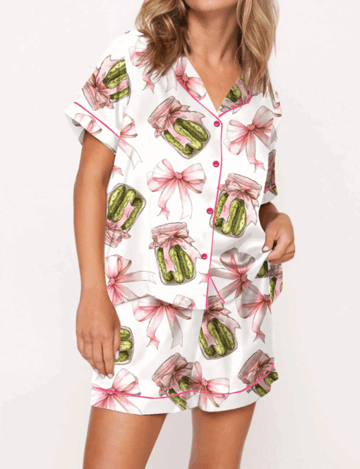 Pickles Coquette Bow Satin Pajama Set For Women, Pajamas Set, Pickles Pajamas, Party Pajama Set, Satin Pajamas For Bridesmaid - Image 3