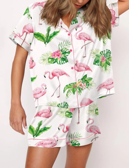 Watercolor Flamingo Silky Satin Pajama Set For Women - Image 3