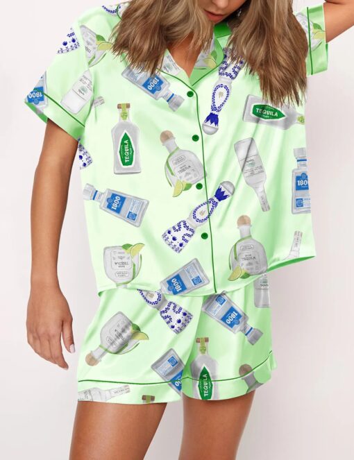 Tequila Bottle Satin Pajama Set For Women - Without Chest Pocket With Bottom Pockets - Image 5