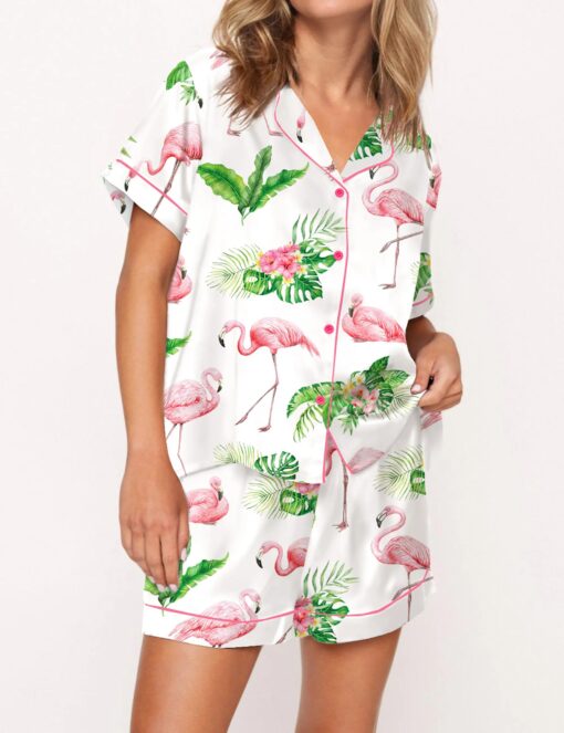 Watercolor Flamingo Silky Satin Pajama Set For Women - Image 4