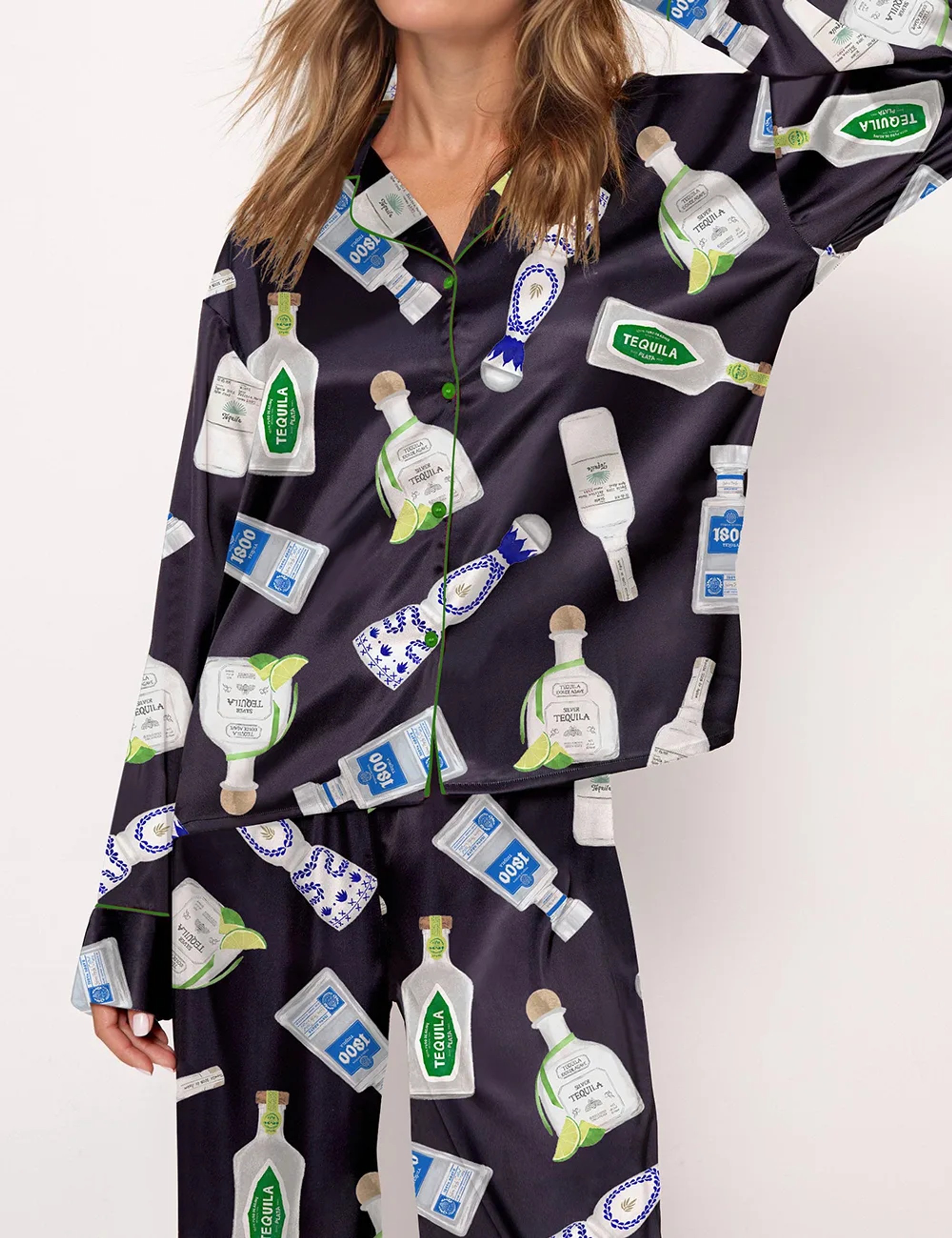 Tequila Bottle Satin Pajama Set For Women - Without Chest Pocket With Bottom Pockets