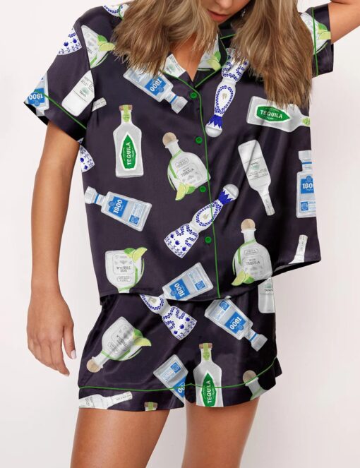 Tequila Bottle Satin Pajama Set For Women - Without Chest Pocket With Bottom Pockets - Image 2