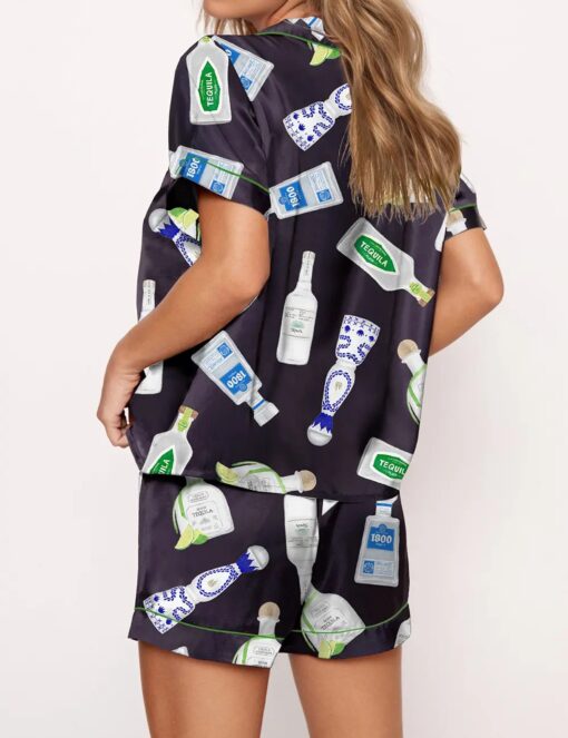 Tequila Bottle Satin Pajama Set For Women - Without Chest Pocket With Bottom Pockets - Image 3