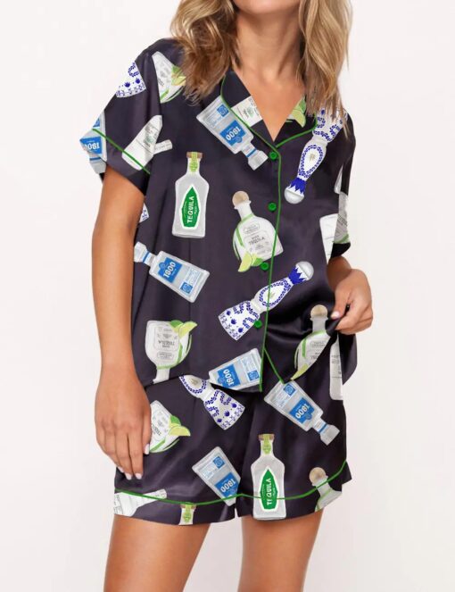 Tequila Bottle Satin Pajama Set For Women - Without Chest Pocket With Bottom Pockets - Image 4