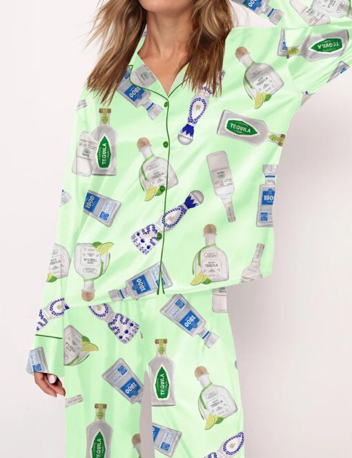 Tequila Bottle Satin Pajama Set For Women - Without Chest Pocket With Bottom Pockets - Image 6