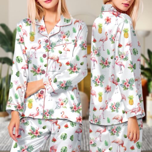 Watercolor Flamingo Silky Satin Pajama Set For Women - Image 6