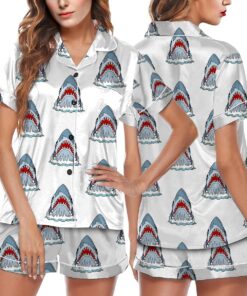 Jaws Silky Satin Pajama Set For Women, Funny Shark & Boat Print Sleepwear