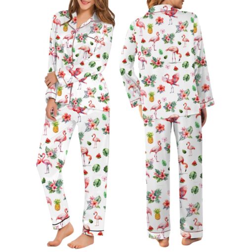 Watercolor Flamingo Silky Satin Pajama Set For Women - Image 5