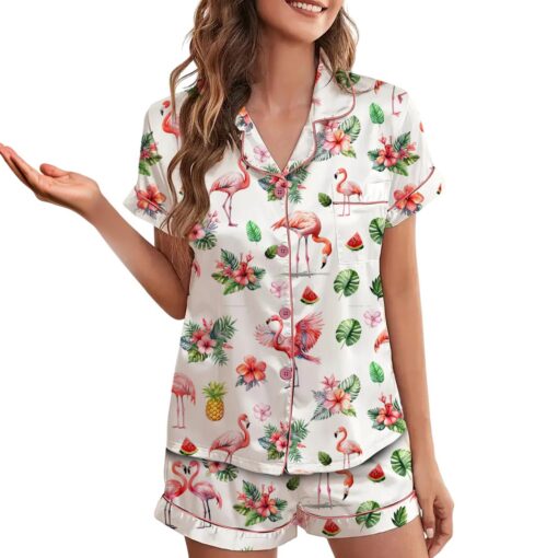 Watercolor Flamingo Silky Satin Pajama Set For Women - Image 2