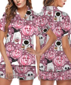 Halloween Pumpkin Satin Pajama Set, Cute Halloween Pumpkin Face PJs