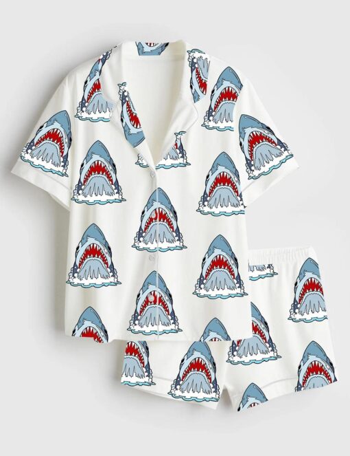 Jaws Silky Satin Pajama Set For Women, Funny Shark & Boat Print Sleepwear - Image 3