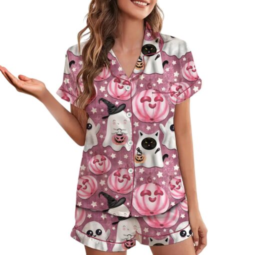 Halloween Pumpkin Satin Pajama Set, Cute Halloween Pumpkin Face PJs - Image 2