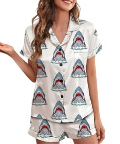 Alternative view of Jaws Silky Satin Pajama Set For Women, Funny Shark & Boat Print Sleepwear