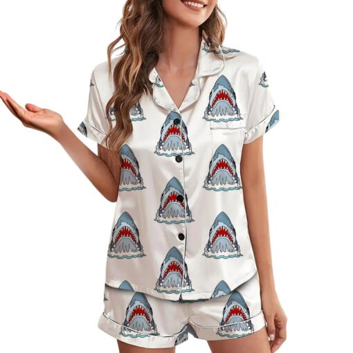 Jaws Silky Satin Pajama Set For Women, Funny Shark & Boat Print Sleepwear - Image 2