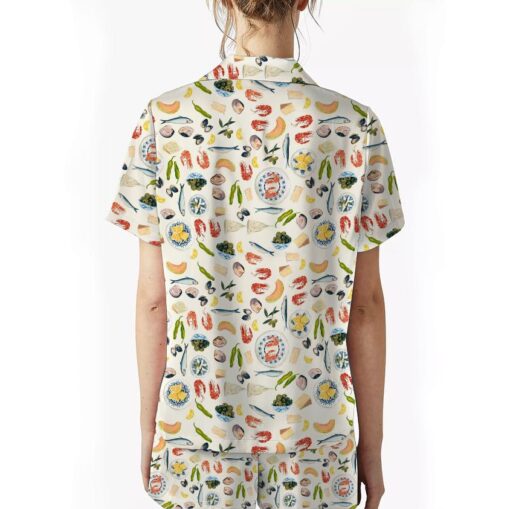 Women's Summer Satin Pajamas Set, Cartoon Food Print Lapel Button Short Satin Pajama Set - Image 2