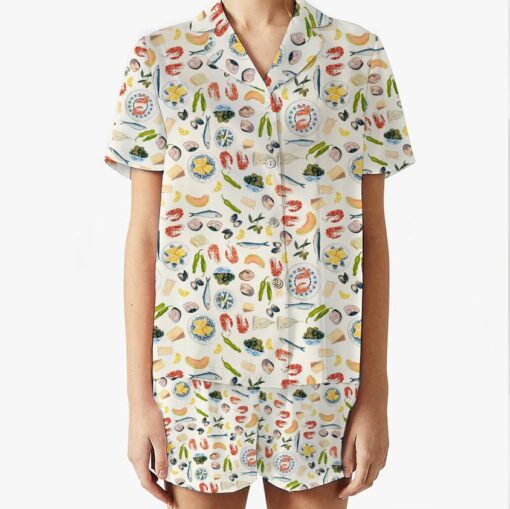 Women's Summer Satin Pajamas Set, Cartoon Food Print Lapel Button Short Satin Pajama Set - Image 5