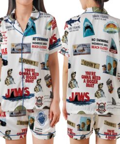 Jaws Shark Movie Retro Satin Pajamas Set, Vintage Summer Horror Pajamas