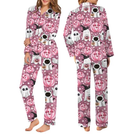 Halloween Pumpkin Satin Pajama Set, Cute Halloween Pumpkin Face PJs - Image 4