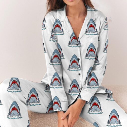 Jaws Silky Satin Pajama Set For Women, Funny Shark & Boat Print Sleepwear - Image 7