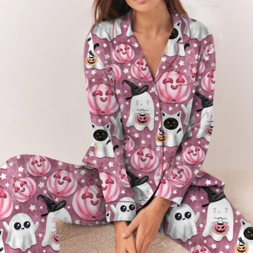 Halloween Pumpkin Satin Pajama Set, Cute Halloween Pumpkin Face PJs - Image 5
