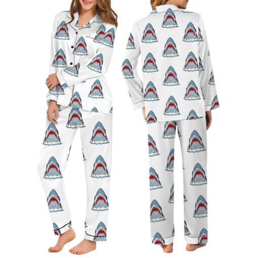 Jaws Silky Satin Pajama Set For Women, Funny Shark & Boat Print Sleepwear - Image 6