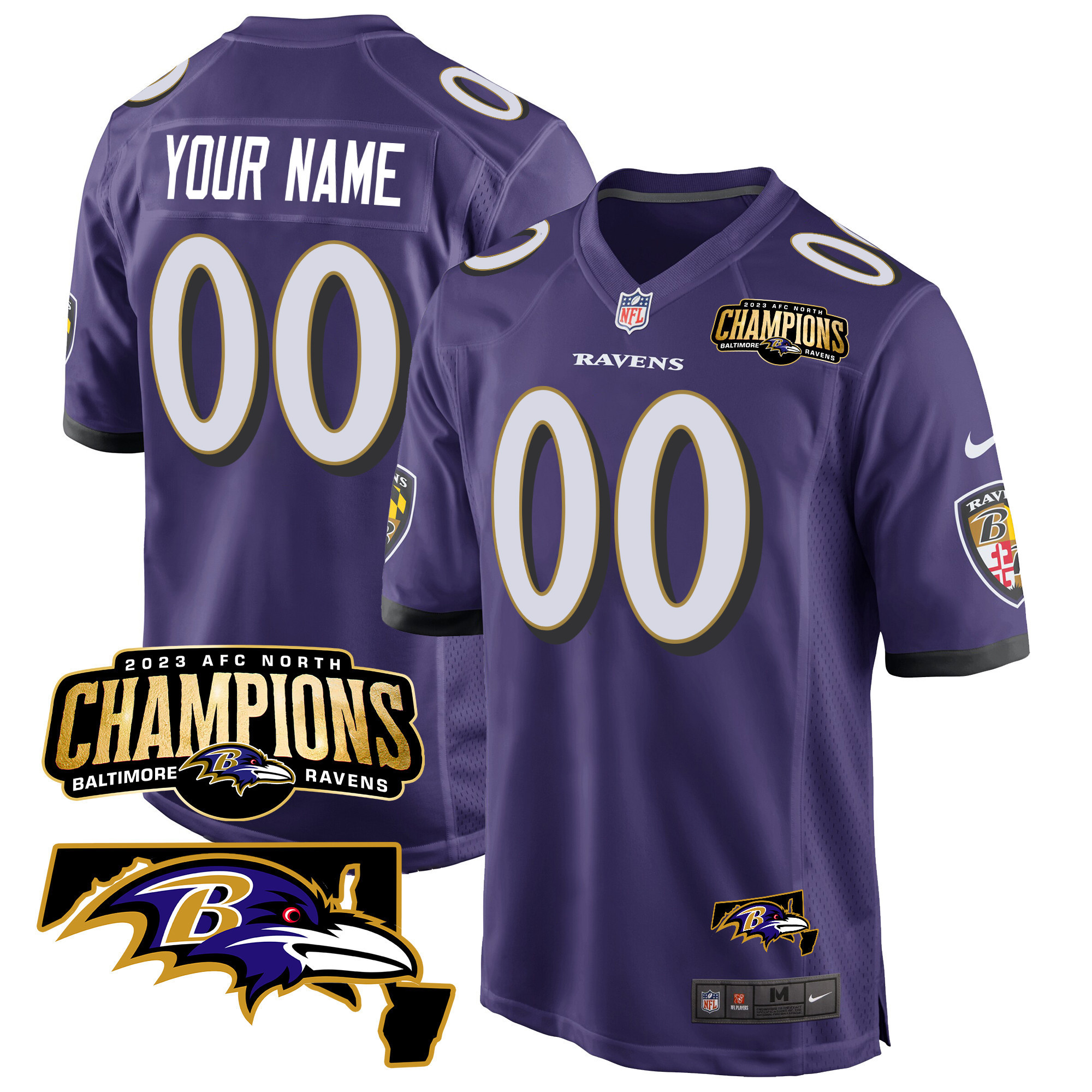 Baltimore Ravens 2023 AFC North Champions & Maryland Patch Game Custom Jersey - All Stitched - Image 2
