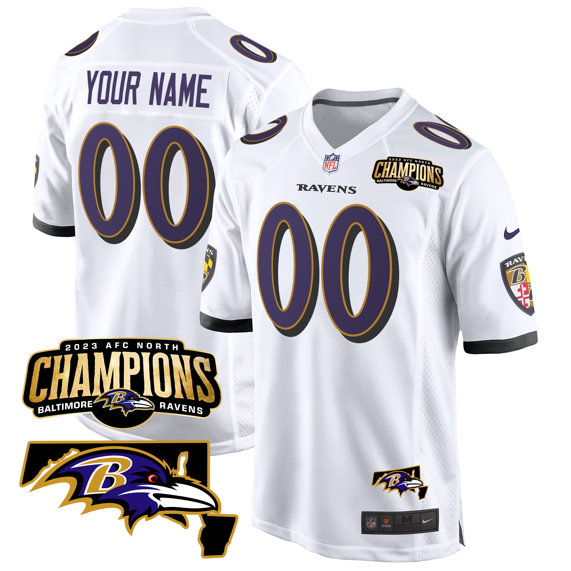 Baltimore Ravens 2023 AFC North Champions & Maryland Patch Game Custom Jersey - All Stitched - Image 3