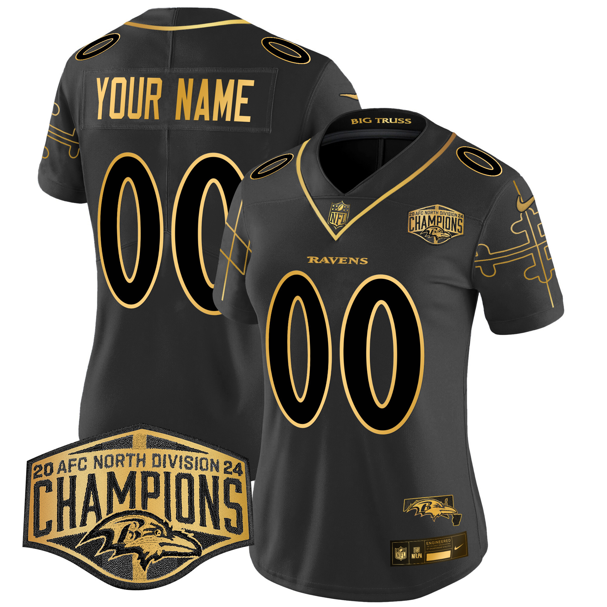 Baltimore Ravens Maryland Flag Map 2024 AFC North Division Champions Patch Gold Vapor Limited Custom Jersey - All Stitched - Image 8