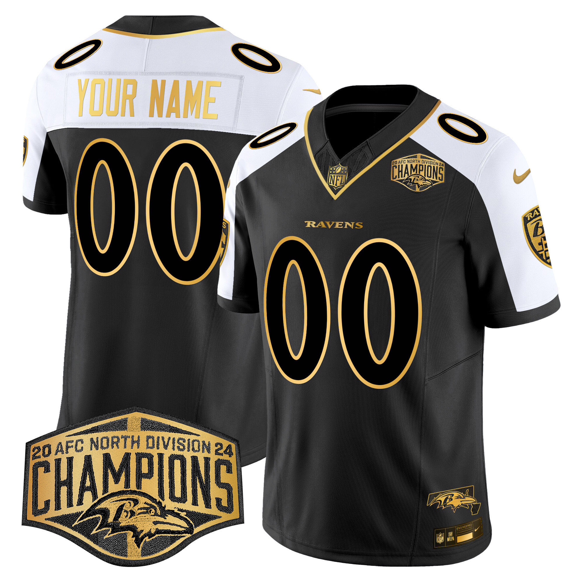 Baltimore Ravens Maryland Flag Map 2024 AFC North Division Champions Patch Gold Vapor Limited Custom Jersey - All Stitched - Image 2