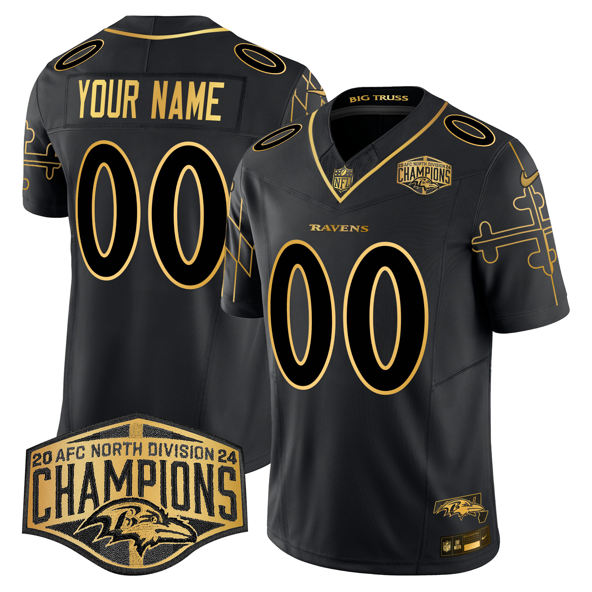 Baltimore Ravens Maryland Flag Map 2024 AFC North Division Champions Patch Gold Vapor Limited Custom Jersey - All Stitched - Image 4