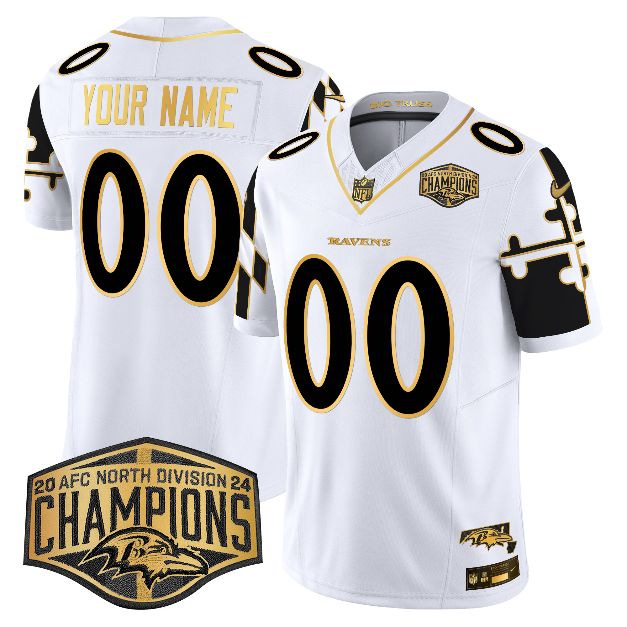 Baltimore Ravens Maryland Flag Map 2024 AFC North Division Champions Patch Gold Vapor Limited Custom Jersey - All Stitched - Image 3