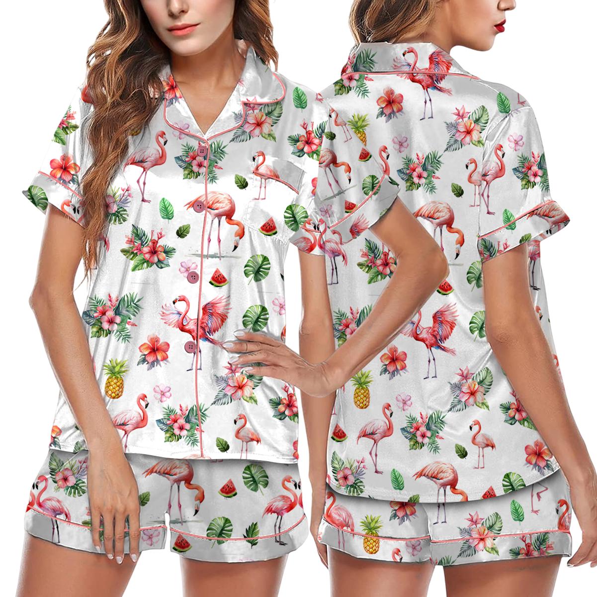 Watercolor Flamingo Silky Satin Pajama Set For Women
