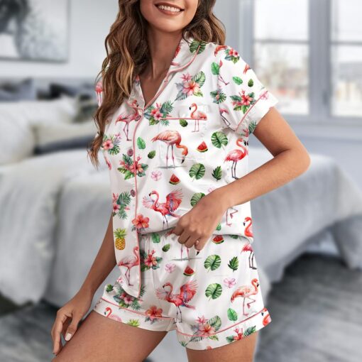 Watercolor Flamingo Silky Satin Pajama Set For Women - Image 3