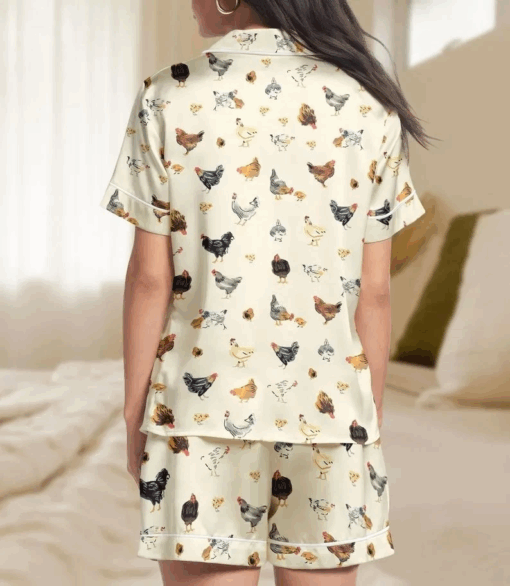 Chicken Print Satin Pajamas Set, Cute Farm Animal Sleepwear - Image 4