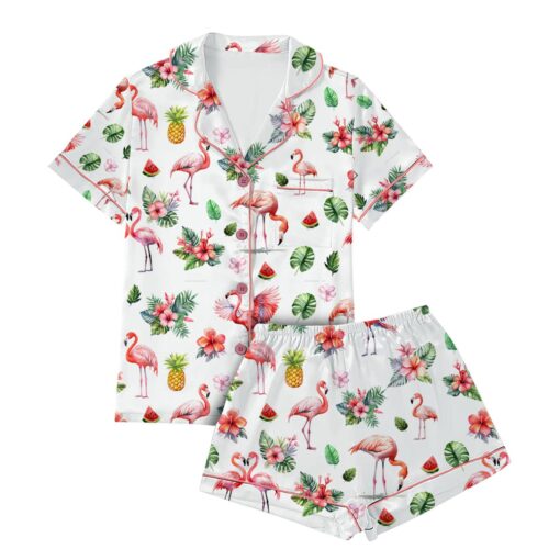 Watercolor Flamingo Silky Satin Pajama Set For Women - Image 4