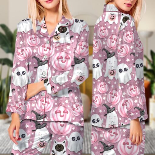 Halloween Pumpkin Satin Pajama Set, Cute Halloween Pumpkin Face PJs - Image 6