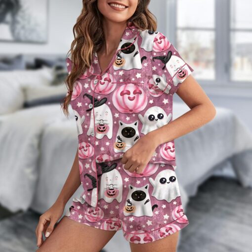 Halloween Pumpkin Satin Pajama Set, Cute Halloween Pumpkin Face PJs - Image 3