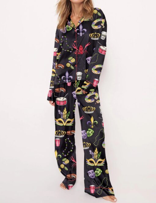 Mardi Gras Beads King Cake Crawfish Satin Pajama Set - Image 11