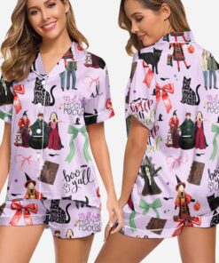 Alternative view of Hocus Pocus Pajamas Set, Sanderson Sisters Satin Pajamas, Spooky Season Pajamas Set, Trick Or Treat Shirt, houcus picus wind spinner