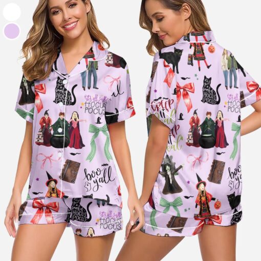 Hocus Pocus Pajamas Set, Sanderson Sisters Satin Pajamas, Spooky Season Pajamas Set, Trick Or Treat Shirt, houcus picus wind spinner - Image 2