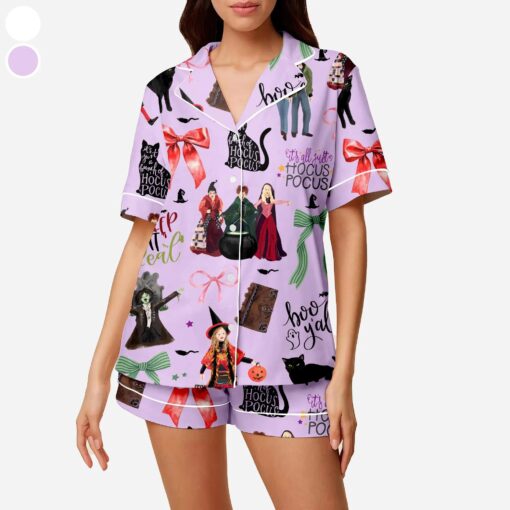 Hocus Pocus Pajamas Set, Sanderson Sisters Satin Pajamas, Spooky Season Pajamas Set, Trick Or Treat Shirt, houcus picus wind spinner - Image 4
