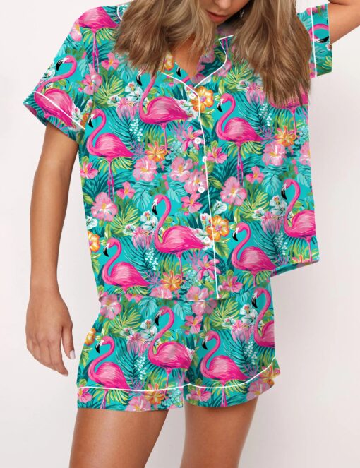 Preppy Tropical Flamingo Satin Pajama Set For Women - Image 3