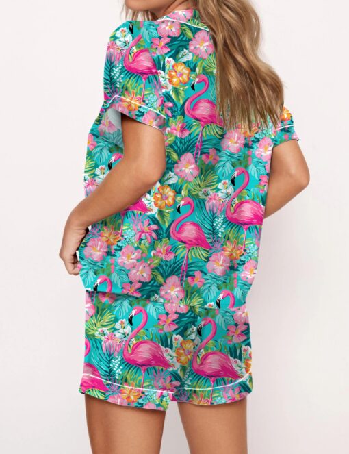 Preppy Tropical Flamingo Satin Pajama Set For Women - Image 2
