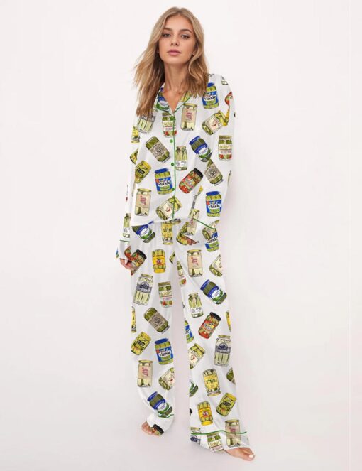 Vintage Canned Pickles Satin Pajama Set For Women - Image 5