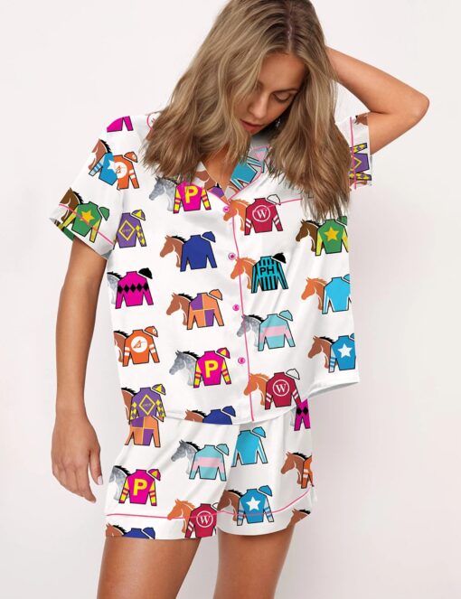Kentucky Derby Contenders Colorful Jockey Horse Racing Satin Pajama Set - Image 2