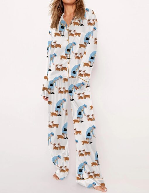 Queen Elizabeth II And Her Corgis Satin Pajama Set For Women - Image 5