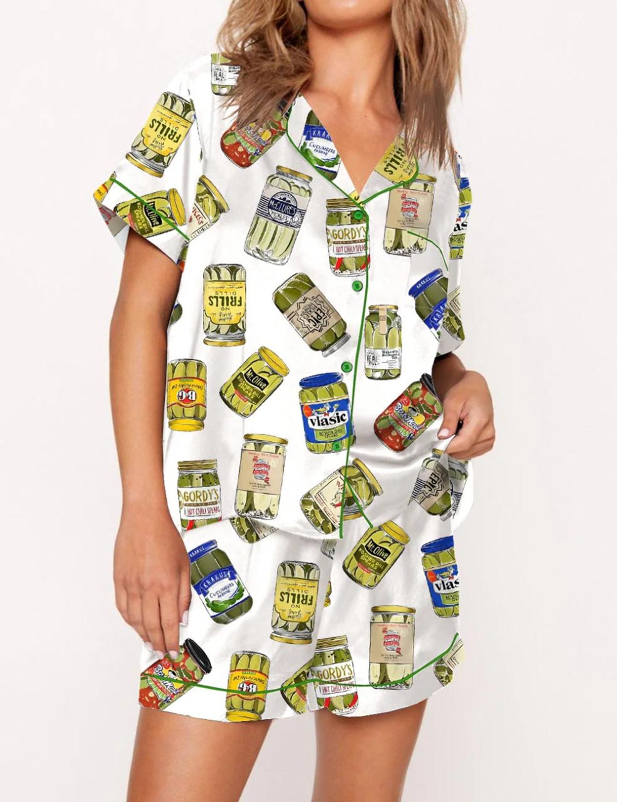 Vintage Canned Pickles Satin Pajama Set For Women