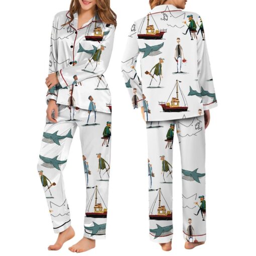 Jaws Silky Satin Pajama Set For Women, Funny Shark & Boat Print Sleepwear - Image 4