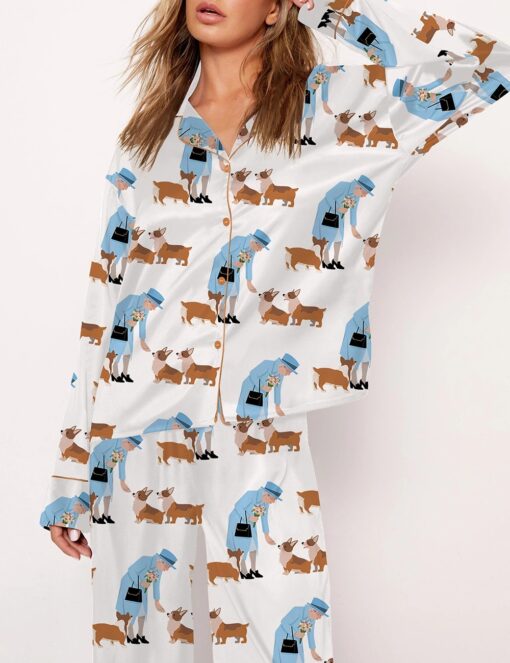 Queen Elizabeth II And Her Corgis Satin Pajama Set For Women - Image 4