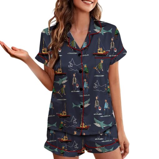 Jaws Silky Satin Pajama Set For Women, Funny Shark & Boat Print Sleepwear - Image 5